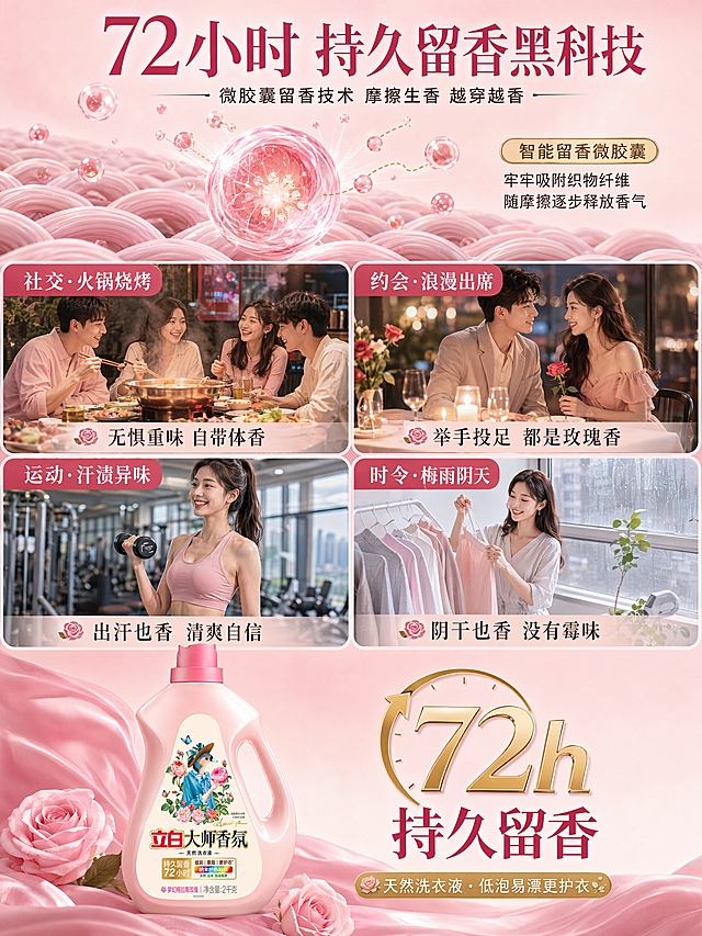 [商品] 使用【图1】立白大师香氛天然洗衣液（2kg粉色瓶装）；保留粉色瓶身、标签图案、所有包装文字与Logo；商品处理：瓶身质感通透，标签清晰，比例准确。
[画面] 页面目标：核心卖点2——72小时持久留香功能演示，展示留香机理与多场景验证。构图：上中下结构，顶部香氛胶囊机理图，中部4场景拼图，底部产品+核心数字。景别：微距+场景拼贴+中景。主体角度：正面。前中后景：上层香氛分子胶囊悬浮于织物纤维间，中层4格生活场景，下层产品立于粉色渐变底上。阅读动线：从上到下，先看原理再看场景最后落到产品。
[视觉] 套系策略：风格=法式浪漫轻奢商业摄影+3D渲染质感；标题字=优雅衬线粗体（宋体类）+英文花体点缀；正文字=简洁无衬线黑体；主色=柔粉色；背景延展=基于柔粉色做深浅渐变、细腻绸缎质感；强调色=金色，仅用于小面积数字、图标和标签；标题色=深玫瑰红；正文色=深棕灰；组件=圆角场景卡、香氛分子图标、虚线箭头、数字徽章；光影=均匀柔光，机理部分有科技感光效，场景卡内有各自自然光。
[文字] 顶部主标题「72小时 持久留香黑科技」，副标题「微胶囊留香技术 摩擦生香 越穿越香」；机理区配文字「智能留香微胶囊 牢牢吸附织物纤维 随摩擦逐步释放香气」；中部4格场景拼图（2×2）：左上「社交·火锅烧烤」配聚餐场景+「无惧重味 自带体香」，右上「约会·浪漫出席」配情侣约会场景+「举手投足 都是玫瑰香」，左下「运动·汗渍异味」配健身场景+「出汗也香 清爽自信」，右下「时令·梅雨阴天」配阴天干衣场景+「阴干也香 没有霉味」；底部大数字「72h」金色徽章+「持久留香」。
[规格] 图片比例3:4竖版，4K分辨率，负向提示：避免变形、错字、文字过小、冷蓝/蓝灰背景、绝对化用语、平台Logo水印。