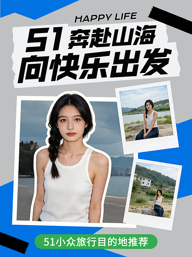 蓝色趣味拼图五一出行春游打卡攻略经验分享小红书封面