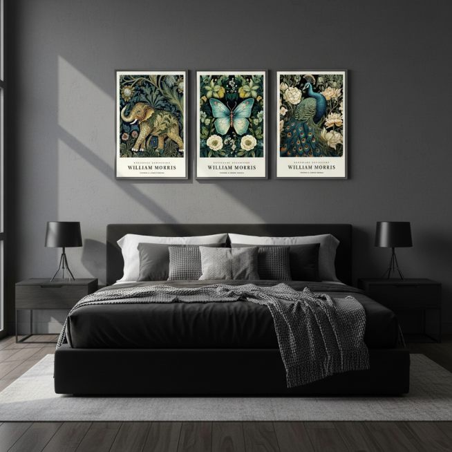 这是一套3联装饰画，不用做抠图处理，不改变装饰画的宽高比，装饰画框架颜色保持不变，这款商品在美国市场销售。主要用户群体是时尚男性或女性，帮我生成4张场景图，分别悬挂在美式黑色卧室床头上方、黑色洽谈桌旁预览效果