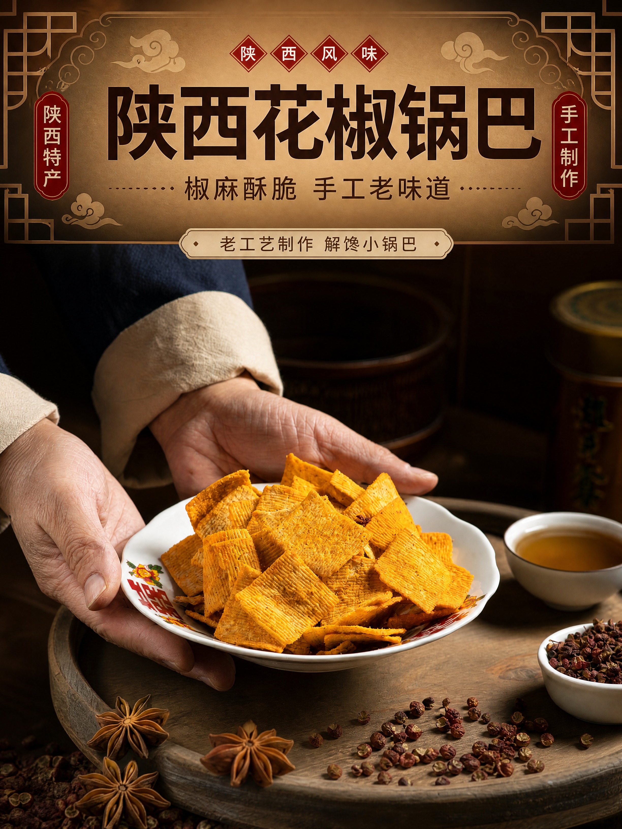 [商品] 使用【图5】双手捧盘的花椒锅巴实拍图作为主视觉；保留… - 图片创意预览