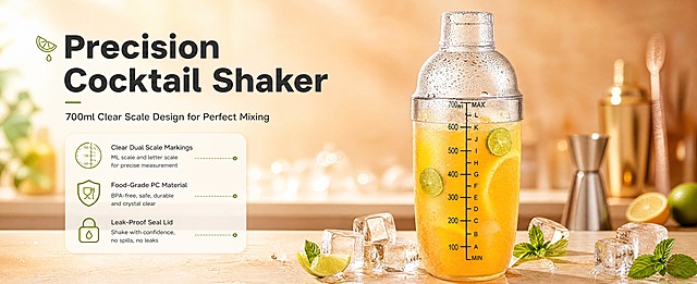[商品] 使用【图1】透明塑料带刻度雪克杯；保留杯身透明PC材质、圆润瓶身轮廓、700ml MAX刻度线、A-L字母刻度标识、透明带盖结构、杯内橙黄色饮品与青柠片装饰；增强透明质感与水珠通透感，不改变产品结构、比例和刻度文字。
[画面] 目标：头图海报，突出专业调饮雪克杯的核心价值。构图：左文右图，产品占画面约60%，位于右侧居中偏上位置，略仰视角度展示全貌；左侧为文案区，阅读动线从上到下。前景点缀冰块与薄荷叶，中景雪克杯主体，背景为浅暖橙色渐变厨房台面，虚化的吧台器具做远景，营造清爽专业的调饮氛围。
[视觉] 套系策略：风格=跨境极简高级商业摄影；标题字=现代无衬线粗体；正文字=简洁无衬线体；主色=透明质感+暖橙黄；背景延展=基于暖橙黄做深浅层级渐变、同色系柔和光斑与细腻台面质感；强调色=青柠绿，仅用于小面积图标、引线和标签；标题色=深炭灰；正文色=中暖灰；组件=圆角浅底信息卡、细线引线；光影=左前侧暖柔光，突出透明杯身折射与水珠高光。
[文字] 左上区域主标题"Precision Cocktail Shaker"，副标题"700ml Clear Scale Design for Perfect Mixing"，下方3个短卖点：Clear Dual Scale Markings、Food-Grade PC Material、Leak-Proof Seal Lid；文字横向排版，不遮挡杯身刻度与主体。
[规格] 图片比例61:25横版，4K分辨率，避免变形、错字、文字过小、冷蓝/蓝灰背景、产品颜色改变、结构失真、绝对化宣传语。