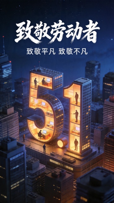 五一国际劳动节等距视角3D海报，巨型"5.1"数字造型为写字楼，深蓝色夜空下的现代都市夜景，暖光写字楼内有加班劳动者剪影，背景是错落的城市建筑群；顶部书法大字"致敬劳动者"，标语"致敬平凡 致敬不凡"预览效果