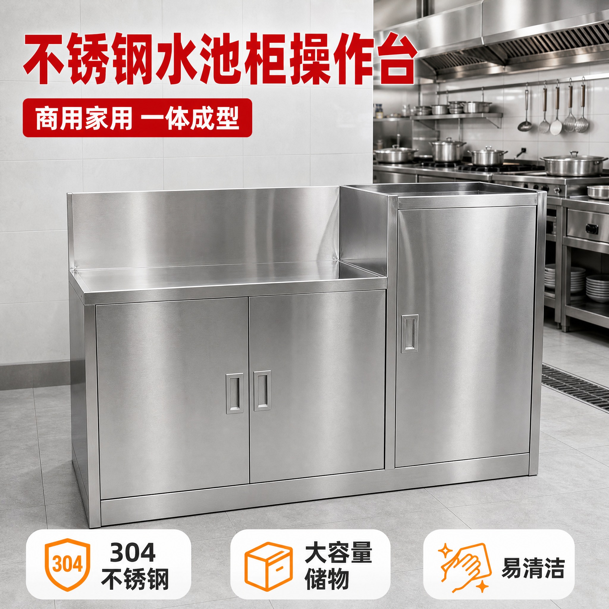 [主图-1] 不锈钢水池柜操作台 首图点击率 真实商用厨房场景… - 图片创意预览