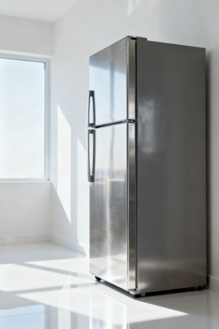 一个侧面视角的冰箱，外观简约现代，金属质感外壳，放置在干净明亮的空间中预览效果