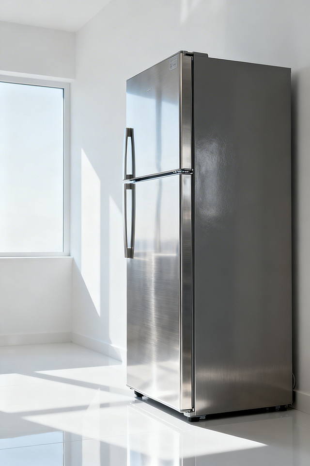 一个侧面视角的冰箱，外观简约现代，金属质感外壳，放置在干净明亮的空间中