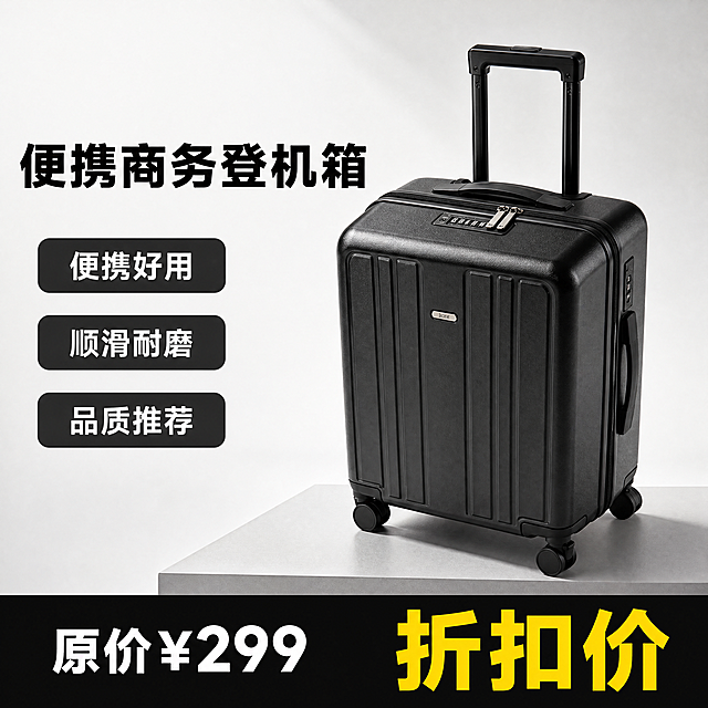 [单张主图] 黑色硬壳商务登机箱，爆款促销感主图，卖点为便携好用顺滑耐磨品质推荐，需要展示原价格299和折扣价格。
[画面主体] 黑色竖纹硬壳行李箱，拉杆拉起，居中展示，保持原产品外观（物理结构、材质质感、颜色）与输入产品图绝对一致，杜绝任何变形和色差，精细化处理。商品主体占画面60%，不被任何文字或元素遮挡关键结构，原产品上的品牌小Logo保留在箱体正面位置。
[构图版式] 选择左文右品标签参数型版式，左侧35%区域放文字信息，右侧60%放产品主体，底部通栏放价格信息。
[场景元素] 背景采用浅灰渐变到白色的干净留白，左侧文字分区排列清晰，产品下方放置浅灰色承托台面，自然阴影增加立体感。
[文案版式] 左侧从上到下：
大字黑色粗体主标题“便携商务登机箱”，
接着三组卖点“便携好用”、“顺滑耐磨”、“品质推荐”，每个卖点配一个浅黑色圆角图标框，白色文字。
底部通栏用黑色高对比色块，左侧放大号白色文字“原价¥299”，右侧放更大号黄色文字“折扣价”突出促销。左上角安全区保留产品原有品牌Logo。所有文字不遮挡产品主体，左对齐排版，文字清晰锐利。
[光影质感] 主光源从左前方打来，均匀照亮箱体表面，硬壳材质高光清晰，阴影柔和自然，景深较浅背景干净虚化，商业摄影质感，产品清晰真实，画面干净高级。
[配色字体] 主色调黑色（箱体），辅助色浅灰背景，强调色黄色（折扣价）；字体采用粗黑无衬线字体，主标题最大，卖点其次，价格数字最大，对比鲜明层次分明。
[比例分辨率] 1:1比例，2048x2048像素，4K分辨率，文字清晰可辨，超高清。
[负向提示词] 变形，水印，错字，糊字，伪Logo，主体遮挡，背景杂乱，低清晰度，错误结构，文字错乱，价格信息缺失