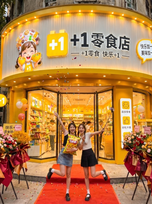 +1零食店弧形街角门店，小红书打卡竖版图，网红零食店开业探店风格，明亮暖调，构图饱满适合手机查看，真实质感预览效果