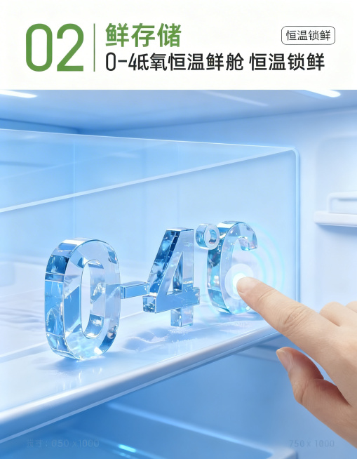 0-4℃恒温锁鲜宣传图，保持标题“02 鲜存储 0-4℃低氧恒温鲜舱 恒温锁鲜”、水晶温度字和手指点击设计不变，替换原冰雪背景为真实干净的现代冰箱内部浅蓝色内壁背景，整体干净科技感，突出新鲜存储卖点，预览效果
