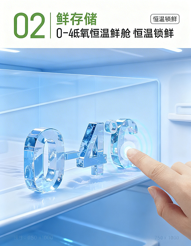 0-4℃恒温锁鲜宣传图，保持标题“02 鲜存储 0-4℃低氧恒温鲜舱 恒温锁鲜”、水晶温度字和手指点击设计不变，替换原冰雪背景为真实干净的现代冰箱内部浅蓝色内壁背景，整体干净科技感，突出新鲜存储卖点，尺寸为750x1000。