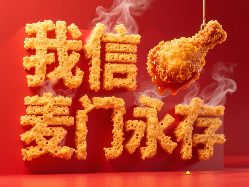 主体为刚出锅的炸鸡面衣质感的立体字“我信麦门永存"，旁边有一个炸鸡，表面酥脆，蘸着一些炸鸡酱，背景为红色预览效果