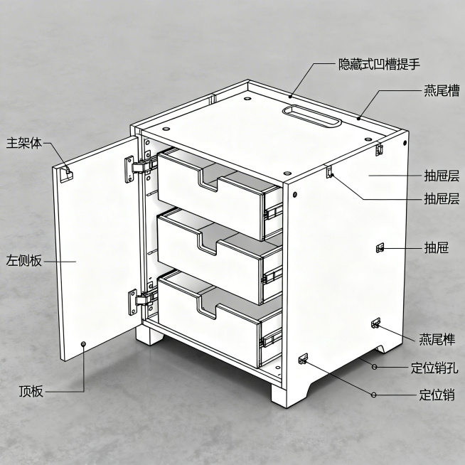 一个模块化抽屉式人力资源用文件架单元的立体结构示意图，包含主架体，主架体有左侧板、右侧板、顶板、底板，内部有三个抽屉层，每个抽屉层安装抽屉，顶板有隐藏式凹槽提手，左侧板有燕尾槽，右侧板有燕尾榫，顶板有预览效果