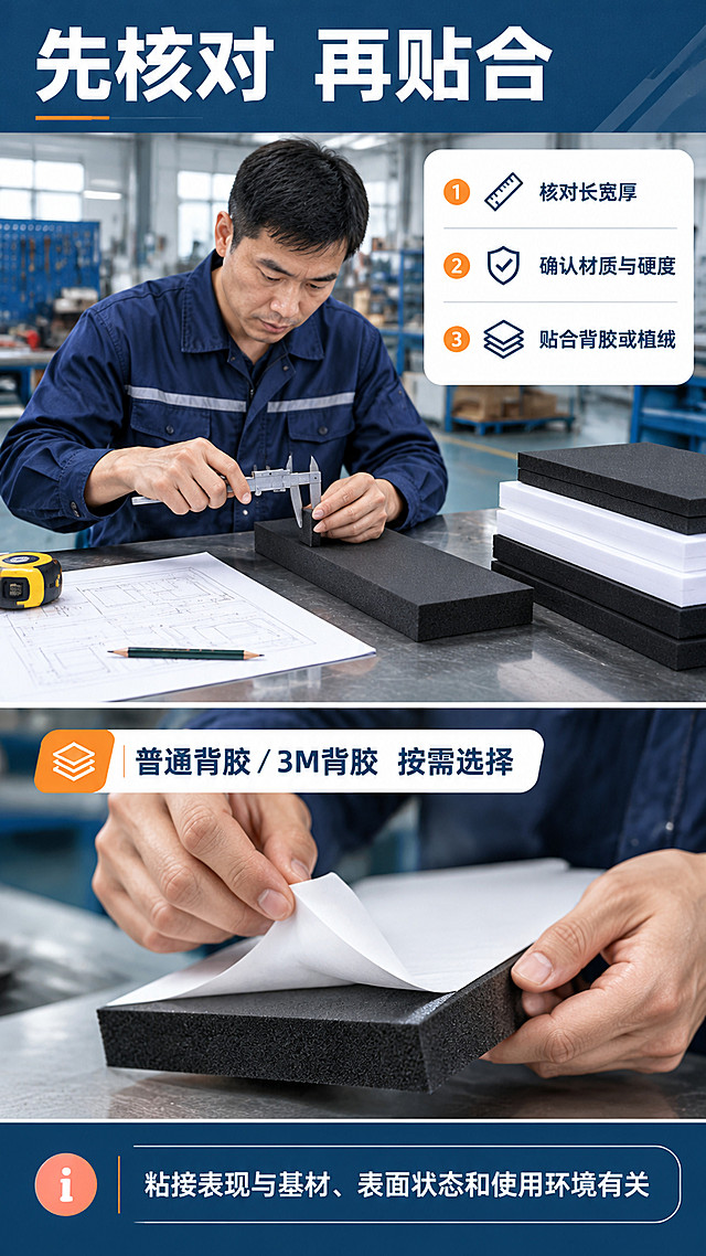 【第6张 人物操作·真人核对与贴合】
[商品] 使用图1黑色EVA泡棉板材作为主要操作对象，图2白色板材作为对照款（图4-图11参考图仅借鉴其图纸+实拍对照的工业版式，不照搬画面）。保留板材方正板型、平直切割边、哑光发泡肌理与内衬开槽形态，不得改变颜色与结构。
[画面] 目标：展示按图加工的人工核对与背胶贴合过程。画面为上大下小结构：上半部分中景实拍，亚洲男性车间师傅（深蓝工装、胸以上入镜）在车间工作台上双手持游标卡尺测量黑色板材厚度，左侧台面摊开打印图纸与卷尺与铅笔，右侧叠放黑白色板材；下半部分为手部局部特写，两手正将白色离型纸从黑色板材背面缓慢撕开贴合。真实车间环境色入镜，产品占画面约60%，动线自上而下。
[视觉] 套系策略：风格=专业工业定制类蓝白商务商业摄影；标题字=粗黑体；正文字=中等黑体；主色=深藏青蓝；背景延展=以深藏青蓝为基准做深浅层级与同色冷调磨砂渐变，卡面用磨砂纸感肌理；强调色=亮橙，仅用于小面积图标、引线、编号与标签；标题色=白与深藏青；正文色=深灰蓝；组件=圆角白色信息卡、细线引线、编号胶囊、参数表格；光影=左前侧柔光并带轻微轮廓光，产品信息面清晰。
[文字] 顶部深藏青标题条白字主标题「先核对 再贴合」；上半部分右侧白色信息卡横排三点「核对长宽厚」「确认材质与硬度」「贴合背胶或植绒」；下半部分标签横排「普通背胶／3M背胶 按需选择」；底部说明条横排「粘接表现与基材、表面状态和使用环境有关」。所有文字横向排版，不遮挡手部动作与板材。
[规格] 9:16竖版，4K，避免变形、错字、文字过小、竖排或旋转文字、二维码、水印、平台角标、绝对化用语、手部畸形、板材颜色与结构改变。