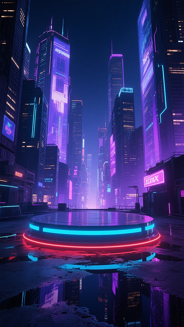 赛博朋克风格城市夜景，以深邃的蓝紫色为主色调，霓虹灯光点缀其间，高楼大厦鳞次栉比，部分建筑外墙呈现全息投影效果，画面下方有圆形发光平台，平台边缘有蓝红渐变霓虹灯带，地面有积水倒映着灯光，整体氛围神秘而繁华，光影对比强烈，细节丰富，具有强烈的未来感和科技感。