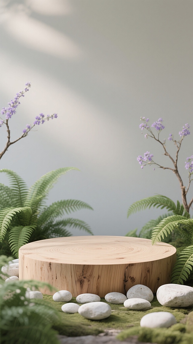 画面中心是一个圆形木纹展台，木纹纹理清晰自然，呈现出简约原生态的质感。展台周围装饰着翠绿的蕨类植物和白色的鹅卵石，背景是柔和的浅灰色，点缀着几枝开着淡紫色小花的树枝，整体营造出简约纯天然的宁静氛围，光线柔和，光影过渡自然，保持自然写实风格，画面视觉层级分明，信息传达简洁高效，充满自然清新的设计感。