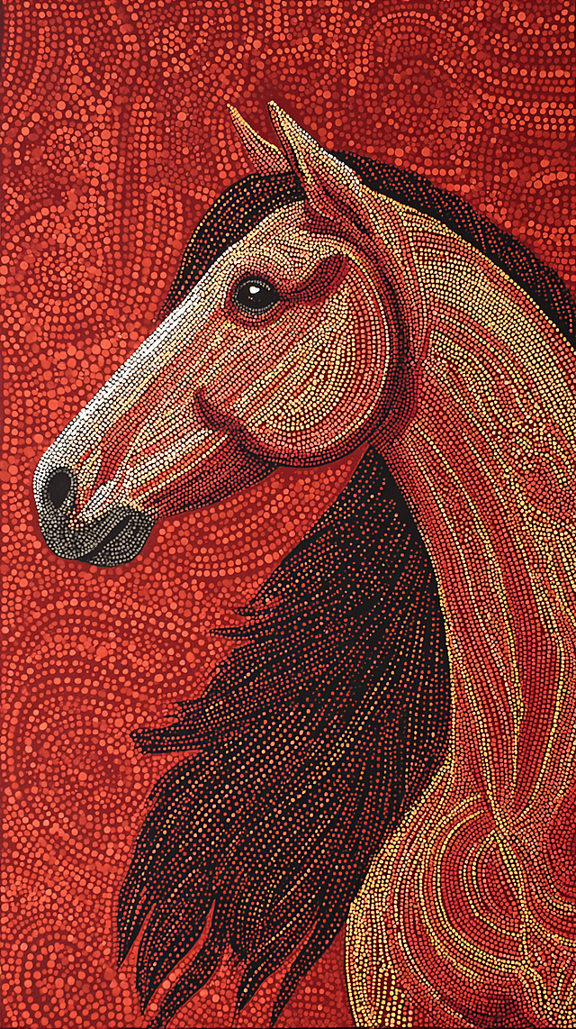 点彩与粒子交织的插画风马头，融合民族感与抽象肌理，红色基调营造热烈视觉氛围，体积感十足，展现独特视觉风格。