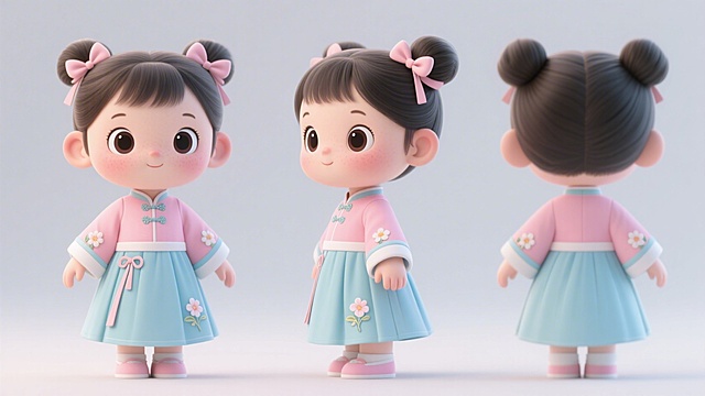 软3D风格萌趣女孩，拟人化设计融合中式元素，粉色系服饰搭配花朵刺绣，可爱感十足，适合节日IP形象。