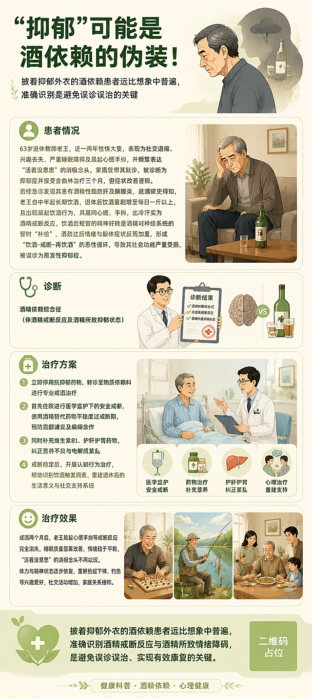 医疗科普长图海报，参考图的版式骨架（多段式图文科普结构、圆角卡片分区、暖米白底色、绿色点缀色、左文右图/图文混排的信息布局风格），整体为竖版长图，风格温暖治愈、专业可信，适合健康科普传播。

【整体版式】
- 底色：暖米白/浅奶油色，柔和护眼
- 主色调：深墨绿色标题字 + 暖橙色强调色 + 浅绿/浅米色卡片底
- 结构：顶部大标题区 → 患者案例区 → 诊断区 → 治疗方案区 → 治疗效果区 → 底部总结区
- 每个板块用圆角浅色卡片区分，卡片之间有舒适间距
- 每个片段配有相应的插图/小图，图文并茂

【顶部主标题区】
- 主标题大字：""抑郁"可能是酒依赖的伪装！"，深墨绿色粗体大字，醒目有力
- 副标题小字："披着抑郁外衣的酒依赖患者远比想象中普遍，准确识别是避免误诊误治的关键"
- 右上角配一幅小插图：一位老年男性神情低落的侧面剪影/插画，呼应主题

【第一板块：患者情况（配插图）】
- 板块标题："患者情况"，左侧有小图标（人物头像图标）
- 内容：63岁退休教师老王，近一两年性情大变，表现为社交退缩、兴趣丧失、严重睡眠障碍及晨起心慌手抖，并频繁表达"活着没意思"的消极念头。家属曾带其就诊，被诊断为抑郁症并接受舍曲林治疗三个月，但症状改善甚微。后经急诊发现其患有酒精性脂肪肝及胰腺炎，追溯病史得知，老王自中年起长期饮酒，退休后饮酒量剧增至每日一斤以上，且出现晨起饮酒行为。其晨间心慌、手抖、出冷汗实为酒精戒断反应，饮酒后短暂的精神好转是酒精对神经系统的暂时"补给"，酒劲过后情绪与躯体症状反而加重，形成"饮酒-戒断-再饮酒"的恶性循环，导致其社会功能严重受损，被误诊为原发性抑郁症。
- 右侧/下方配插图：一位老年男性坐在沙发上神情低落，旁边有酒瓶暗示饮酒问题的插画风格小图

【第二板块：诊断（配插图）】
- 板块标题："诊断"，左侧有小图标（听诊器/诊断图标）
- 内容：酒精依赖综合征（伴酒精戒断反应及酒精所致抑郁状态）
- 配小插图：医生拿着诊断报告的插画，或大脑与酒瓶的对比示意图

【第三板块：治疗方案（配插图）】
- 板块标题："治疗方案"，左侧有小图标（药瓶/医疗图标）
- 内容分点：
  1. 立即停用抗抑郁药物，转诊至物质依赖科进行专业戒酒治疗
  2. 首先住院进行医学监护下的安全戒断，使用酒精替代药物平稳度过戒断期，预防震颤谵妄及癫痫发作
  3. 同时补充维生素B1、护肝护胃药物，纠正营养不良与电解质紊乱
  4. 戒断稳定后，开展认知行为治疗，帮助识别饮酒触发因素，重建退休后的生活意义与社交支持系统
- 配插图：医院病房/医生问诊场景的温馨插画，或药物+心理治疗的组合图标

【第四板块：治疗效果（配插图）】
- 板块标题："治疗效果"，左侧有小图标（笑脸/康复图标）
- 内容：戒酒两个月后，老王晨起心慌手抖等戒断反应完全消失，睡眠质量显著改善，情绪趋于平稳，"活着没意思"的消极念头不再出现。体力与精神状态逐步恢复，重新拾起下棋、钓鱼等兴趣爱好，社交活动增加，家庭关系缓和。
- 配插图：老年男性开心地下棋/钓鱼/与家人团聚的温馨插画，阳光明媚

【底部总结区】
- 背景：浅绿渐变底栏
- 总结文字："披着抑郁外衣的酒依赖患者远比想象中普遍，准确识别酒精戒断反应与酒精所致情绪障碍，是避免误诊误治、实现有效康复的关键。"
- 底部小字标签："健康科普 · 酒精依赖 · 心理健康"

【整体风格】
- 插画风格：扁平插画 + 轻微手绘感，人物为亚洲面孔老年男性，色调温暖柔和
- 所有文字清晰可读，排版精美，信息层级分明
- 画面中所有信息区域、卡片、列表必须填充完整合理的内容，不得出现空白框或占位
- 画面中所有二维码区域使用纯色方块占位符呈现，方块中央标注"二维码占位"文字，严禁生成任何可识别的二维码图案
- 画面中所有数字必须精确渲染，不得错位、遗漏或编造