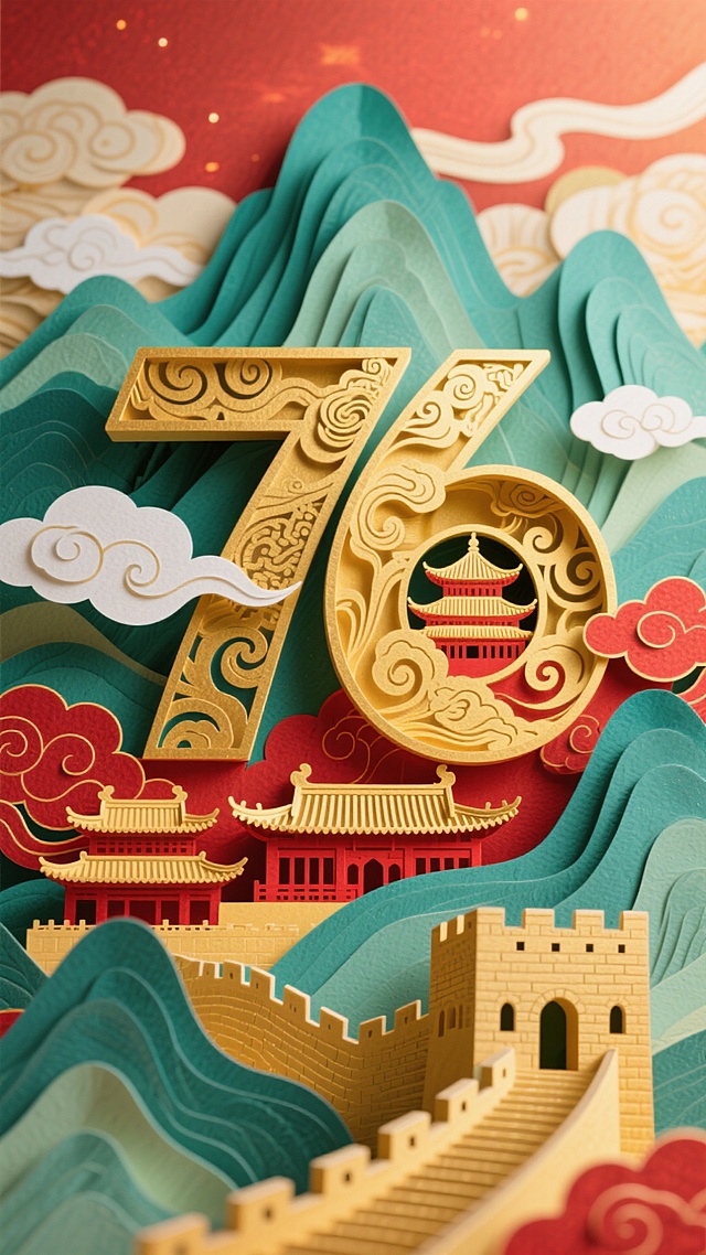 撕纸风与国潮元素融合，金色“76”浮雕立体，嵌入传统建筑与山水，营造喜庆中式微缩艺术感。