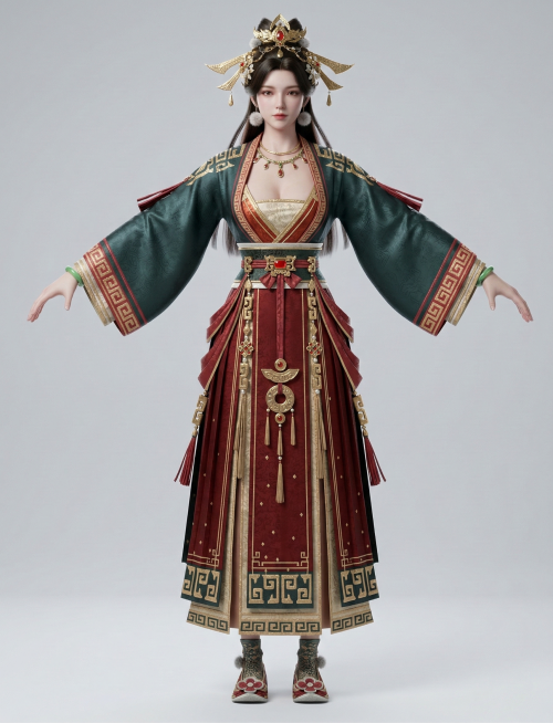 保持人物正视图Apose姿势不变，转化为超写实3D渲染，光追渲染，唯美光线渲染，灰亮色背景，穿着完整合规的古风服饰预览效果