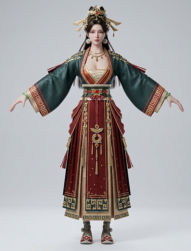 保持人物正视图Apose姿势不变，转化为超写实3D渲染，光追渲染，唯美光线渲染，灰亮色背景，穿着完整合规的古风服饰