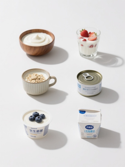 六个不同酸奶产品的高清写实摄影，保持白色纯色背景，第一张是木质碗中奶油状酸奶，第二张是玻璃杯中带有草莓果粒的搅拌型酸奶，第三张是陶瓷杯装的希腊酸奶配燕麦片，第四张是金属罐中的无糖高蛋白酸奶，第五张是塑料杯装的益生菌酸奶配蓝莓，第六张是纸盒装的低脂酸奶，所有产品光线统一为柔和顶光，呈现细腻质感和自然阴影，排列成两行三列的规整网格布局，整体风格保持一致的食品摄影写实感。预览效果