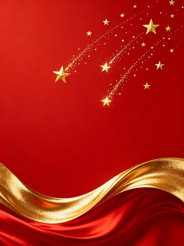 红色背景，底部六分之一处有金色流线型波浪线条，线条带有强烈的光泽感和流动感，呈现出优雅的曲线弧度，金色线条上方有小小的金色星星和金色光点组成的流星轨迹，星星大小不一，光点细密分布，整体画面营造出喜庆、华丽、庄重的氛围，色彩对比鲜明，红色与金色搭配和谐，光影效果突出，具有强烈的视觉冲击力和节日庆典感。