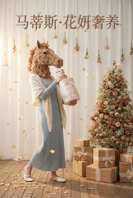 法式花艺沙龙干花编织马头面具（裸棕），模特穿雾蓝针织长裙+奶油色针织披肩，踩缎面拖鞋，怀抱“巨型香水瓶洁面”当立麦；地板为做旧橡木，圣诞树由玫瑰与满天星绑成，礼盒是牛皮纸+蕾丝，香槟金花瓣飘落；顶部预览效果