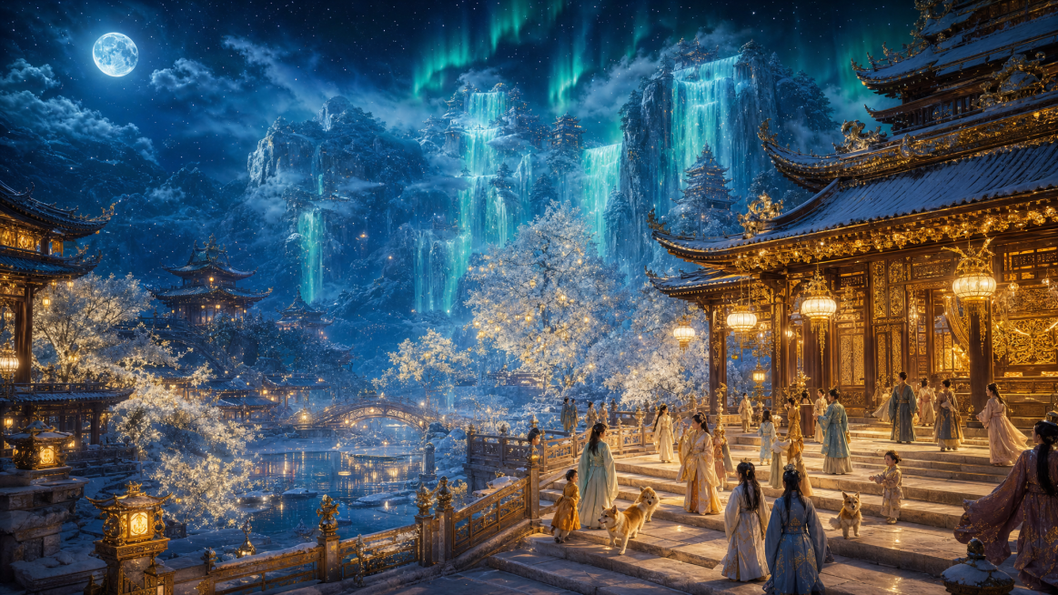 上古东方极光雪山仙府秘境，月夜下的神圣庭院，史诗级中式美学场景，极繁主义细节，极致多层级空间深邃纵深感，兼具梦幻仙气与雅致烟火气，高角度纵深构图，以主殿与极光雪山为引导线，强化从近景平台到远景崖壁的多预览效果