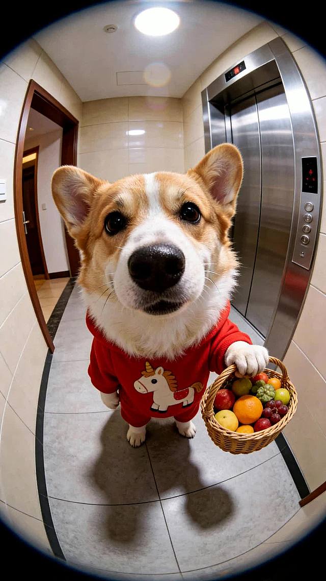 一只小柯基说台词：拜年拜年，祝您好运连连！祝您和家人马年吉祥，福气满满，阖家欢乐万事兴！