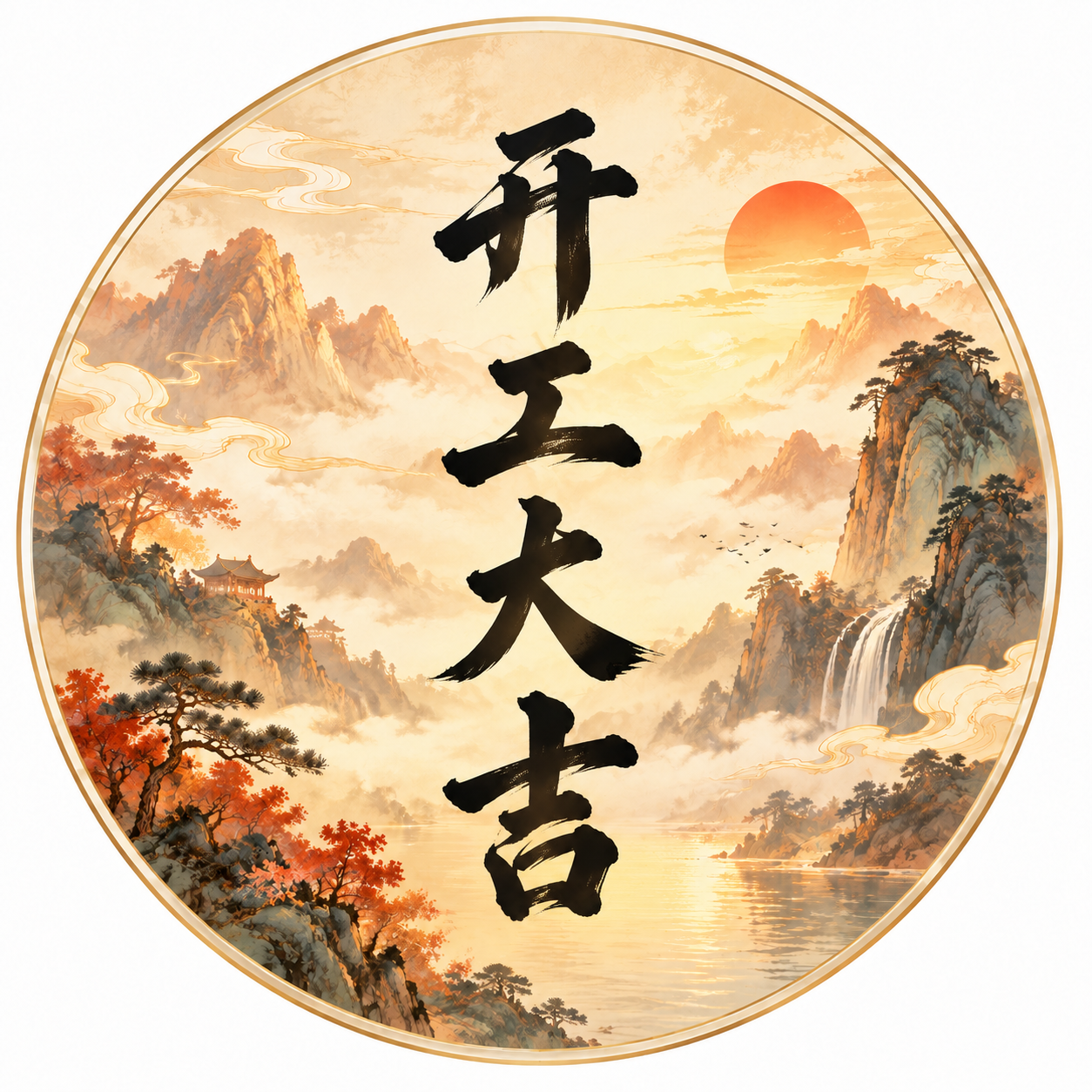 保持原图的中国风山水圆形徽章设计不变，包括暖色调山水背景、山峦… - 图片创意预览