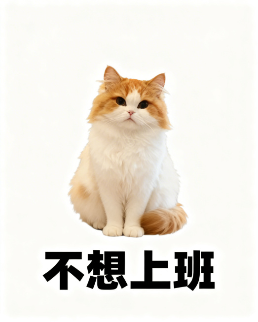 给图中的布偶小猫搭配可爱搞怪动作：面无表情呆坐，白色纯色背景，下方配黑色粗体文字“不想上班”，风格和参考的橘猫上班表情包一致预览效果