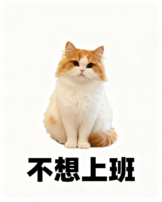 给图中的布偶小猫搭配可爱搞怪动作：面无表情呆坐，白色纯色背景，下方配黑色粗体文字“不想上班”，风格和参考的橘猫上班表情包一致