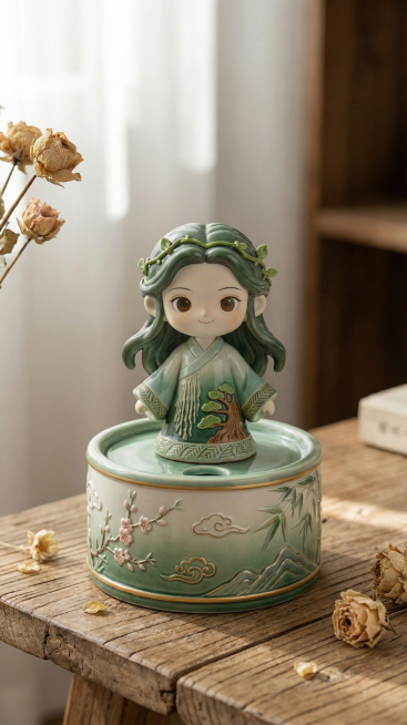 将这个团扇上的国风女孩形象设计成香薰石膏摆件，保留形象特征，做成带有容器的香薰产品，清新国风风格预览效果