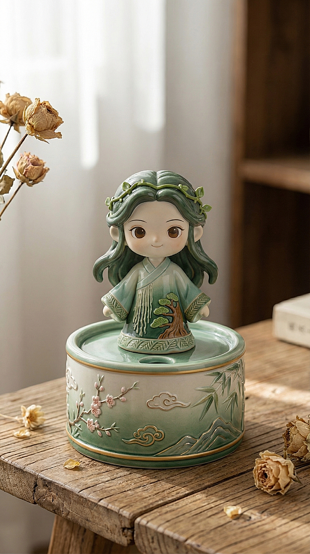 将这个团扇上的国风女孩形象设计成香薰石膏摆件，保留形象特征，做成带有容器的香薰产品，清新国风风格