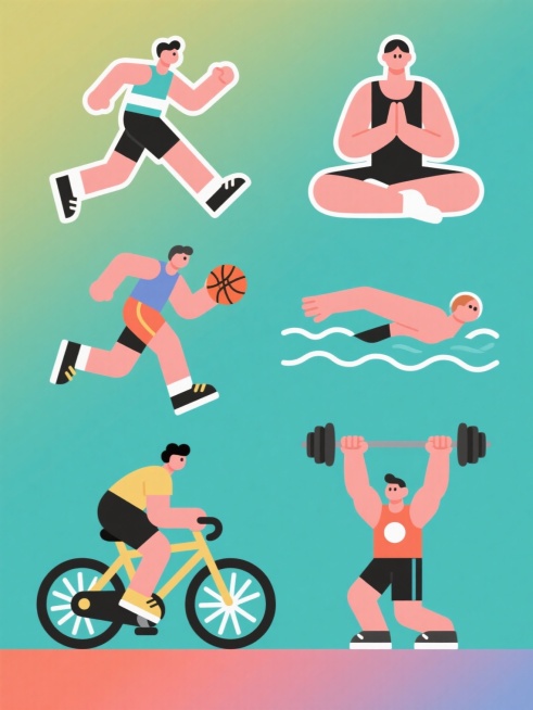 一系列6个不同运动元素的扁平化风格插画，每个插画中都有一个正在进行不同运动的人物，人物造型为简约的卡通风格，身体比例略显夸张，线条流畅圆润，使用纯色填充，边缘有清晰的描边。每个运动场景都有独特的动作和道具，分别是：1. 正在跑步的人物，穿着运动服和跑鞋，双臂前后摆动；2. 正在做瑜伽的人物，双腿盘坐，双手合十放于胸前；3. 正在打篮球的人物，双手持球准备投篮；4. 正在游泳的人物，身体呈流线型……预览效果