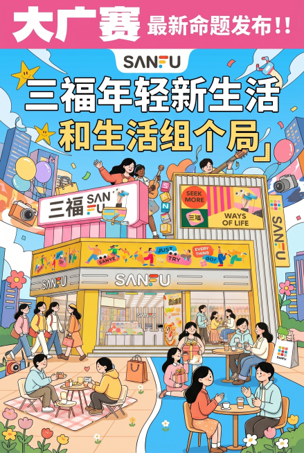参考这张三福大广赛参赛海报，生成不同构图不同设计风格的全新参赛海报，保持主题"三福年轻新生活 和生活组个局"，保留完整的三福SANFU品牌标志，适合参加大广赛比赛，保持原图比例不变预览效果