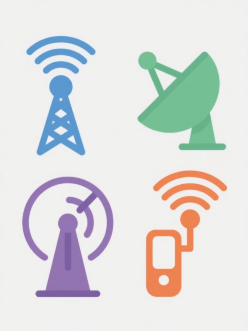 一组四个简约风格的单色图标，每个图标均为扁平设计，线条简洁流畅，边缘圆润，无渐变无阴影，具有高度的符号化特征，分别代表不同的科技或通讯相关元素：第一个图标为蓝色的Wi-Fi信号塔，第二个为绿色的卫星天线，第三个为紫色的雷达扫描装置，第四个为橙色的手机信号发射器，所有图标均置于纯白色背景上，呈2x2网格规整排布，整体保持统一的视觉语言和设计风格。预览效果