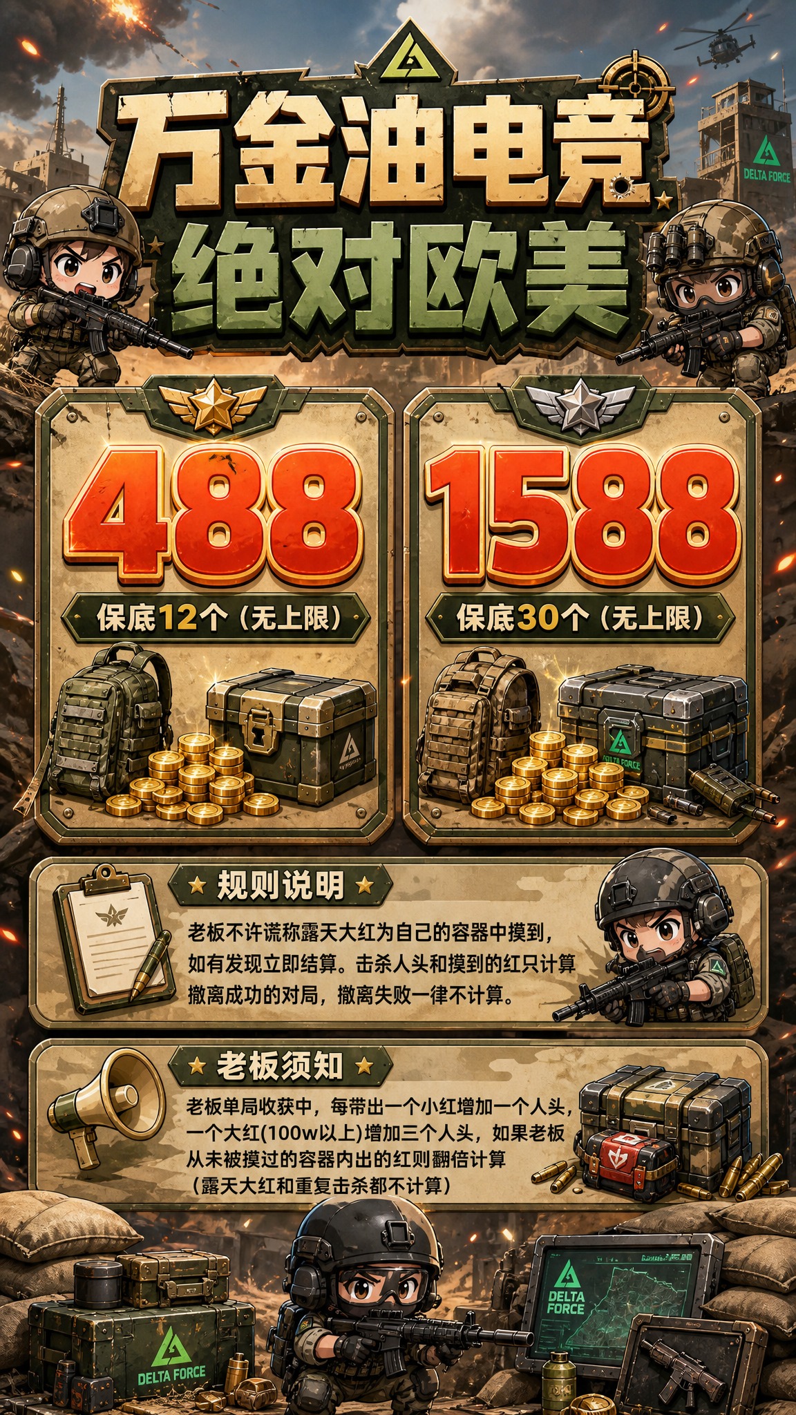 基于参考图重新设计，Q版三角洲行动游戏风格价目表海报，竖版9:… - 图片创意预览