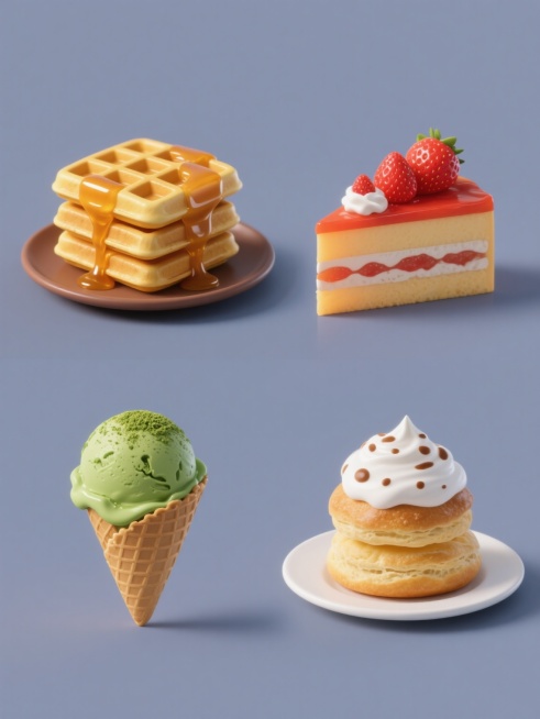 四张相同风格的食物插画组成的系列素材集合，规整排布在纯色背景上，每张插画均采用超写实3D渲染风格，光影柔和，高光细腻，物体表面具有真实的材质质感和细节。第一张为金黄色的华夫饼堆叠在棕色盘子上，表面淋有琥珀色糖浆；第二张为橙红色的草莓蛋糕，表面装饰着新鲜草莓和白色奶油；第三张为绿色的抹茶冰淇淋球，放在浅棕色的脆筒中，顶部撒有抹茶粉；第四张为白色的奶油泡芙，表面有棕色的焦糖斑点，堆叠在白色盘子上。……预览效果