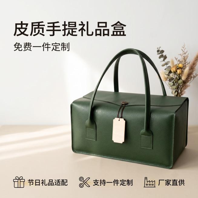 [单张主图] 皮质手提礼品包装盒，高级氛围感主图，目标是突出产品的高档质感和可定制卖点，吸引节日礼品客户。
[画面主体] 墨绿色荔枝纹皮质手提礼品包装盒，保持产品外观、结构、皮质纹理、颜色与输入产品图预览效果