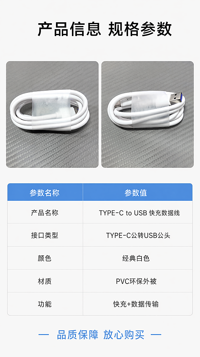 使用商品详情页技能根据商品图「图片1」「图片1」「图片1」「图片1」生成详情页，参考图为，商品名称为TYPE-C安卓数据线充电线TYPE-C to USB，卖点为快充线，适配平台为拼多多，图片比例为9:16，需求屏数为8张，