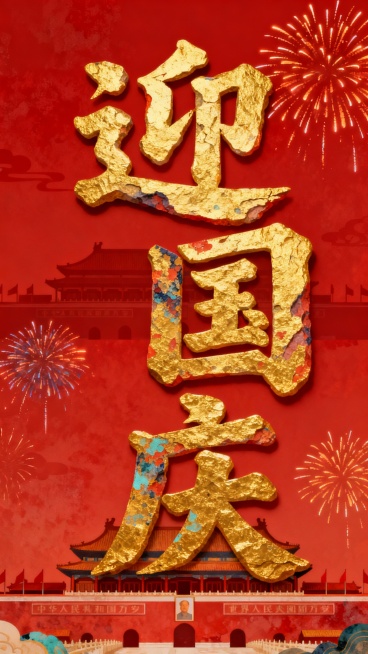 鎏金大字“迎国庆”跃然于红底之上，融合国潮风与岩彩质感，故宫建筑剪影与烟花绽放，尽显中式古典与喜庆氛围预览效果