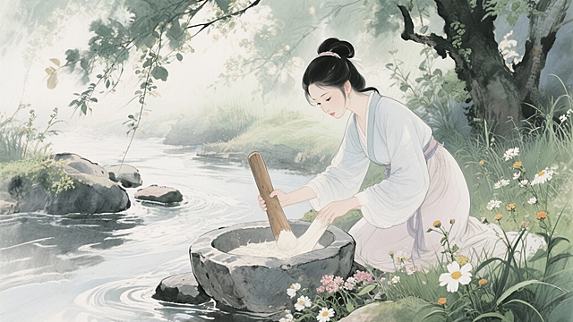 薛涛在溪边捣制纸浆，动作轻柔