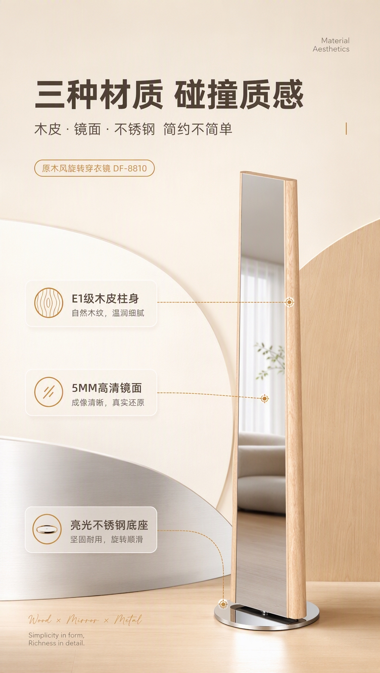 [商品] 使用【图1】DF-8810原木风旋转穿衣镜；保留圆柱… - 图片创意预览