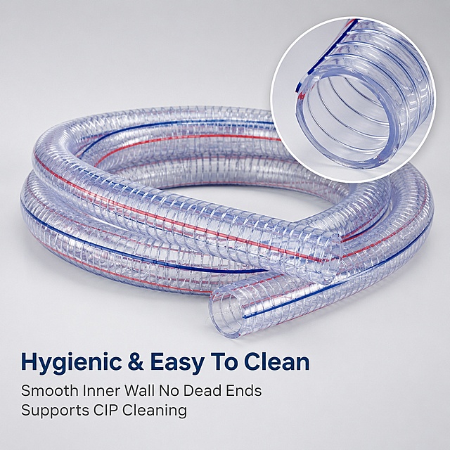 [Main Image 4] Hygienic Easy Clean advantage display of PVC Steel Wire Hose. Low saturation light gray gradient background. This image uses a picture-in-picture layout. The main画面 shows the whole hose, the upper right corner adds a partial magnifying frame to magnify the smooth inner wall. Emphasize the advantages of smooth inner wall, no dead ends, and support CIP cleaning. Keep the appearance, physical structure, material texture and color of the PVC steel wire hose exactly the same as the input product image. Commercial photography texture, product clear real,画面 clean and professional. [Lighting] Soft uniform light, the inner wall in the magnifying frame is clearly visible, highlight the smooth non-stick characteristics, good light transmission. [Color Matching] Main color light gray background, product transparent PVC texture. [Text Layout] Bottom left alignment, large title "Hygienic & Easy To Clean", bold font. Below the title, two lines of description: "Smooth Inner Wall No Dead Ends
Supports CIP Cleaning", smaller font, uniform alignment, all English text. Text does not block the magnified detail area. [Output Requirements] 1:1 ratio, 2048x2048 pixels, text clear, super high-definition commercial photography texture. [Negative Prompt] Deformed, text disordered, blurry product, messy background, watermark, e-commerce platform logo, Chinese characters, decorative border, marketing superlatives.