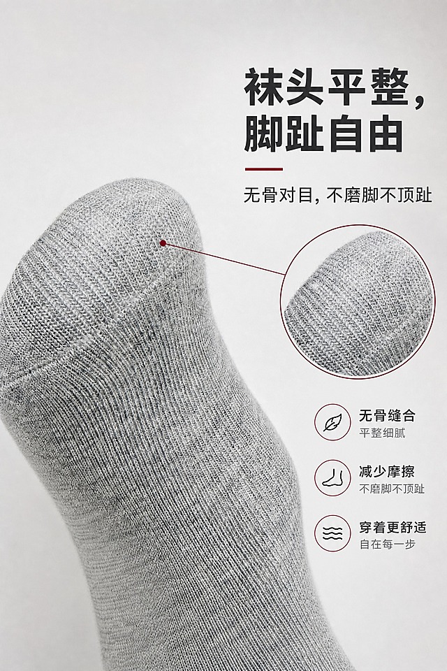 使用【图1】袜头细节实拍图制作海报，版式风格参考【图2】。

【主体】完整保留图1袜子原生针织纱线纹路、织物颗粒、袜头Y型缝合线、自然褶皱，袜子材质质感完全沿用图1实拍素材，不重新绘制袜子，不抹平面料细节，只匹配环境光线，真实实拍感，禁止过度修图；袜子颜色、版型、袜头形状均与图1一致。

【版式参考图2】采用左袜头右文案的构图结构：左侧为袜头大特写主体（从图1袜头裁切放大），右侧上方主标题+红色短横线装饰+副标题，右侧中部有圆形放大窗展示袜头缝合细节（放大窗内使用图1袜头缝合处特写），底部右侧三个圆形图标卖点。整体版式骨架、元素位置、构图比例参考图2，但袜子主体使用图1素材。

【场景与光影】背景为柔和浅灰渐变高级影棚质感，侧前方柔和自然光，突出袜头针织纹理立体感，阴影柔和自然；写实商业摄影风格，简约高级质感。

【配色】主色=浅麻灰；背景=浅灰渐变同色系延展；强调色=深酒红（用于装饰线、引线、放大窗边框、图标边框）；标题色=深炭灰；副标题色=中暖灰。

【文字】画面文案：
- 主标题："袜头平整，脚趾自由"
- 副标题："无骨对目，不磨脚不顶趾"
- 三个卖点图标文字："无骨缝合 平整细腻"、"减少摩擦 不磨脚不顶趾"、"穿着更舒适 自在每一步"
所有文字横向排版，主标题字号大醒目，副标题次之，卖点文字清晰可读，均位于画面右侧留白区域，不遮挡袜头主体和针织纹理。

【版式】左主图右文案，版式精美，四周留安全边距，层级分明，留白舒适，主体清晰完整。

【比例】图片比例2:3竖版，2K分辨率，高质量。