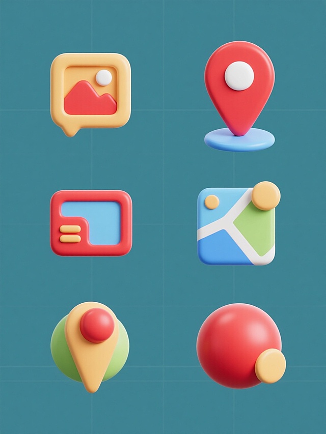 六个简约现代风格的3D旅游图标，包含红色定位标记（带有白色圆点中心和蓝色底座）及其他相关旅游元素，采用光滑圆润的造型，统一的3D渲染质感，纯色背景，图标呈规整网格排布，无文字、无logo、无水印，整体视觉简洁明快，具有清晰的视觉层级和现代设计感。