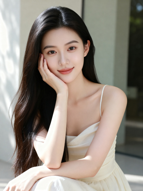 皮肤白皙光滑的长发美女半身照，美女手托脸部，穿着浅色连衣裙，用于护肤品产品主图，画面干净简约，光影柔和高级，突出美女好皮肤，高清质感预览效果