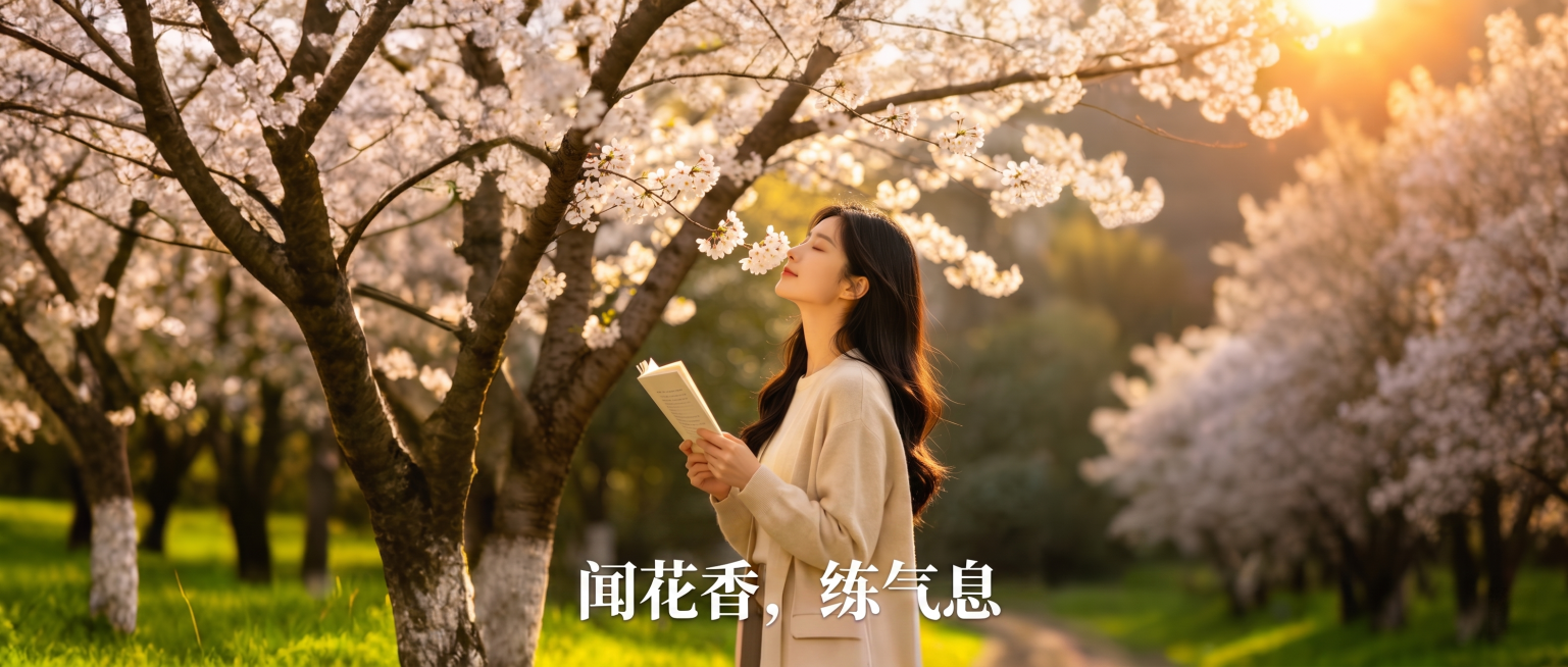调整文字“闻花香，练气息”的位置，放置到画面下方居中位置，保证整体布局合理，风格温馨自然，保留原图樱花树下女生看书的春日氛围，删除右下角多余水印，保持图片整体温馨治愈的感觉预览效果
