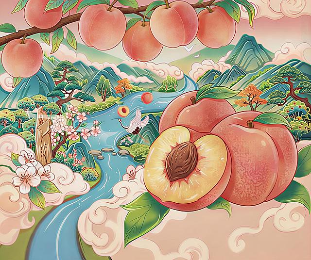 调整图片上方树枝上桃子的造型和生长布局，修改为更符合真实水蜜桃在树枝上自然生长的形态，调整大小比例和排列方式，保持国潮插画风格和下方内容不变，让上方桃子看起来更自然真实